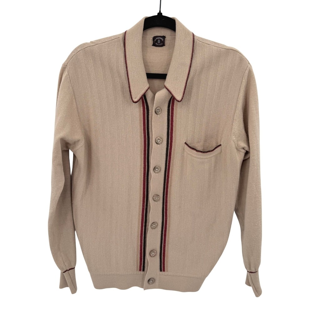 Silverwoods Vintage 70's Italian Wool Blend Chevron Knit Cardigan Beige Striped